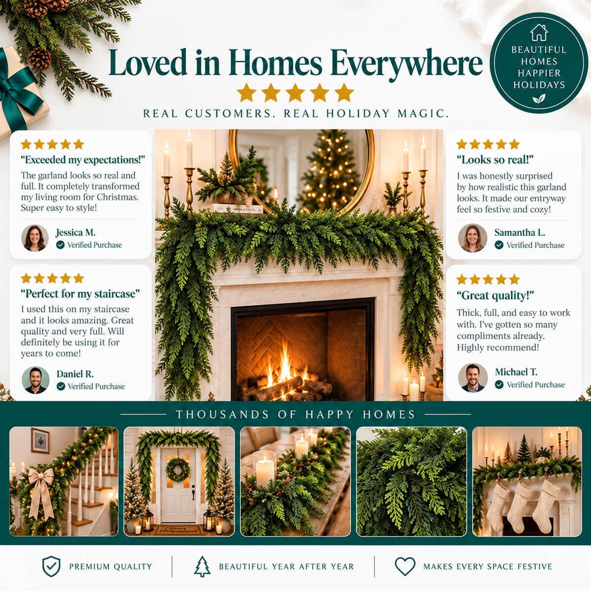 SUVERTA Real-Touch Cedar Garland — Full, Lifelike & Needle-Free
