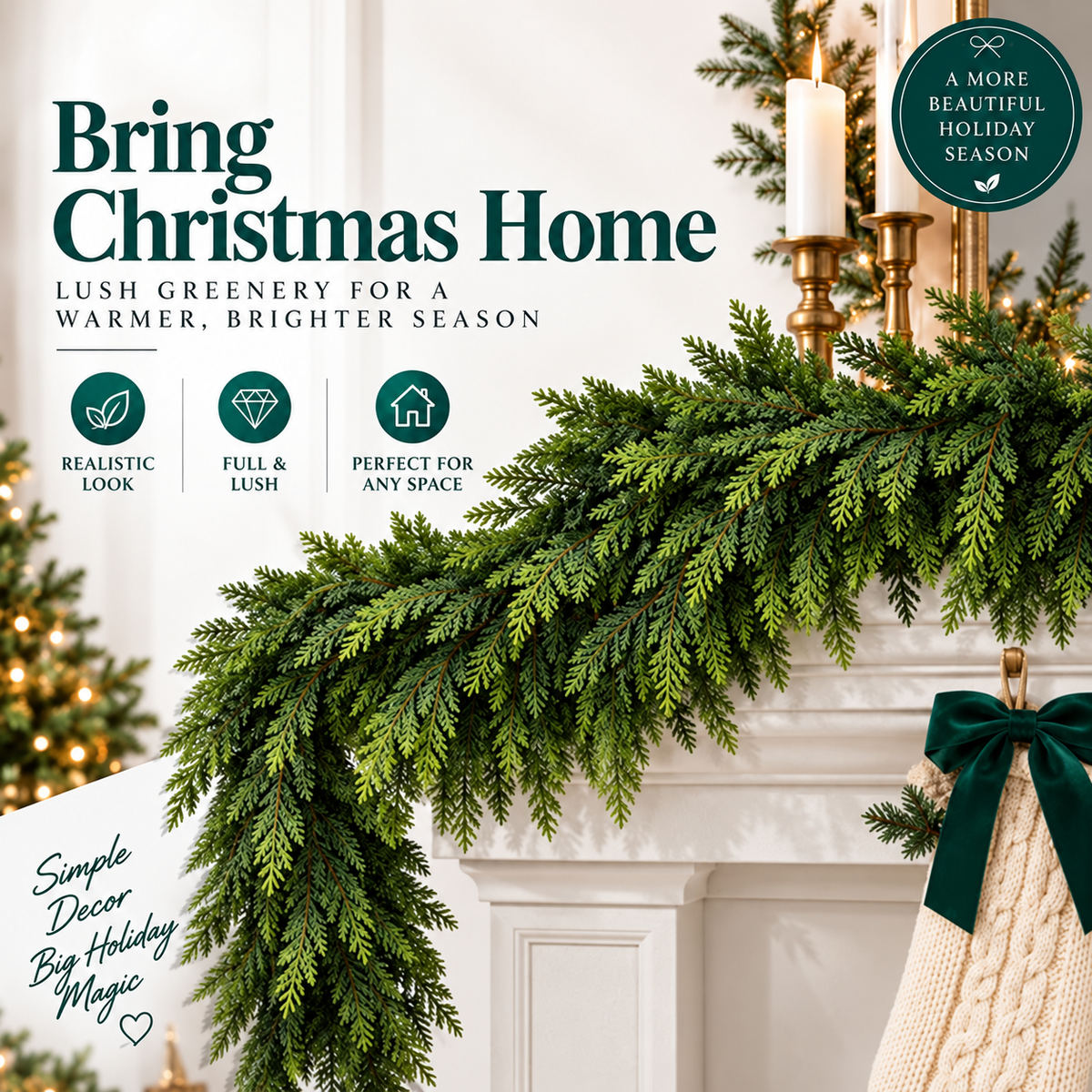 SUVERTA Real-Touch Cedar Garland — Full, Lifelike & Needle-Free